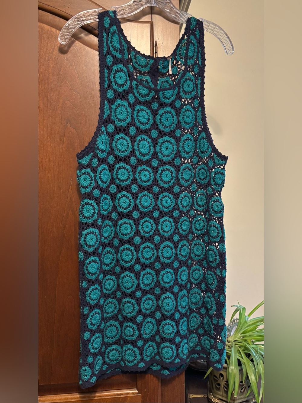 FREE PEOPLE crochet shift dress NAVY TEAL coverup topper BOHO festival LARGE